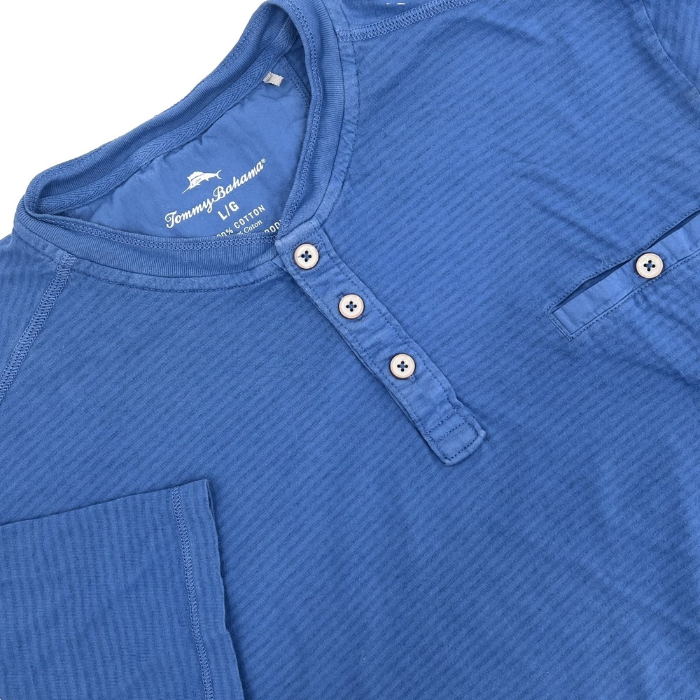 TOMMY BAHAMA Men's Size Large Blue Pinstriped Short-Sleeve Henley Shirt Pocket